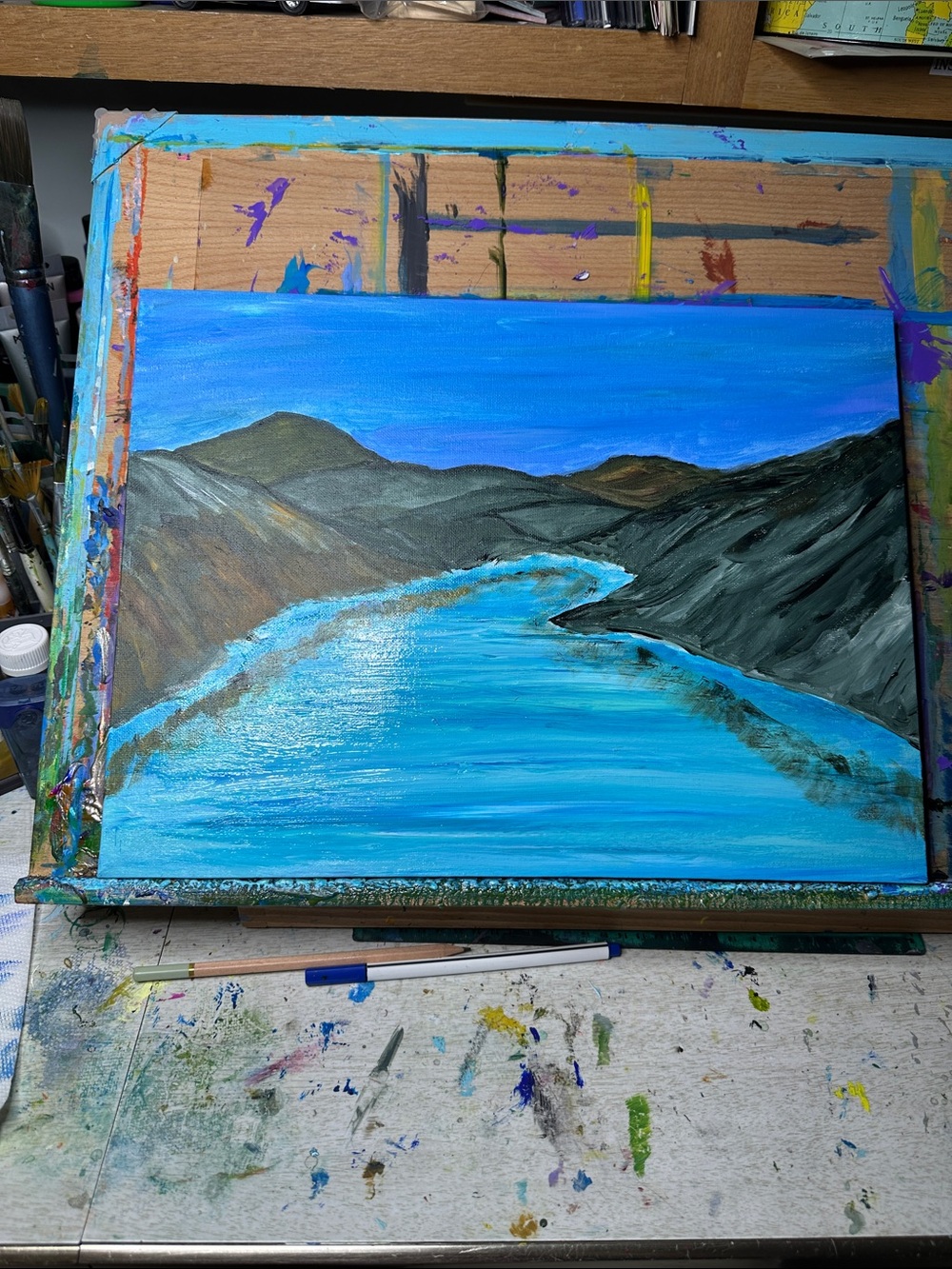 Work-in-Progress Original Blue River Landscape Painting - Hand-Painted Home Art